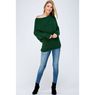 Hunter Green Soft Fuzzy Off The Shoulder Pullover Knit Holiday Casual Sweater