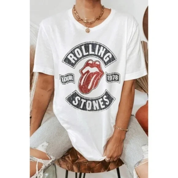 Rolling Stones Tour 1978 White Music Band Graphic Oversized Relaxed Fit Tee