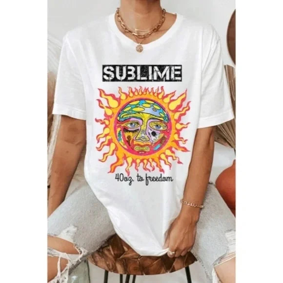 Sublime 40oz To Freedom Band Music White Short Sleeve Relaxed Fit Graphic Tee