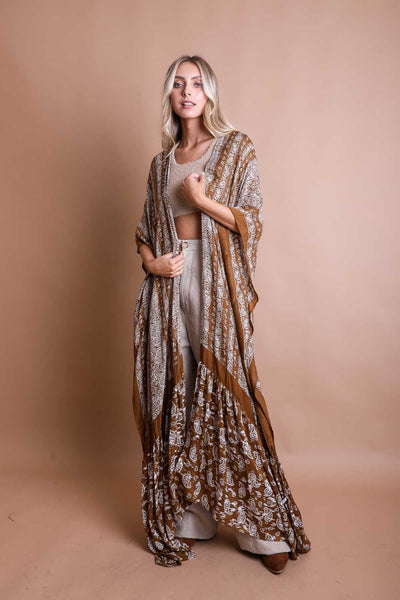 Brown Paisley Tapestry Free Flow Kimono Open Duster Coverup Wrap Top